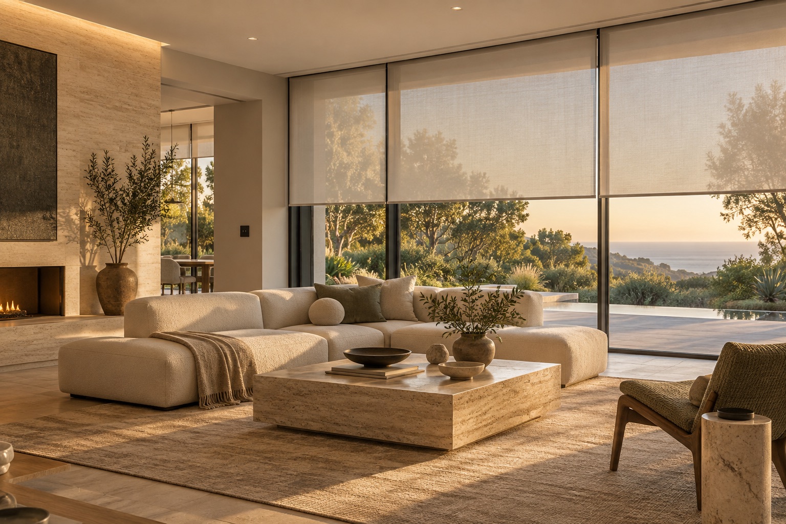 Illustrative contemporary living room with roller shades, warm lighting and a discreet wall control